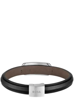 Layered leather cuff with branded silver-tone link