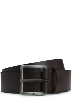 Leather belt with logo buckle