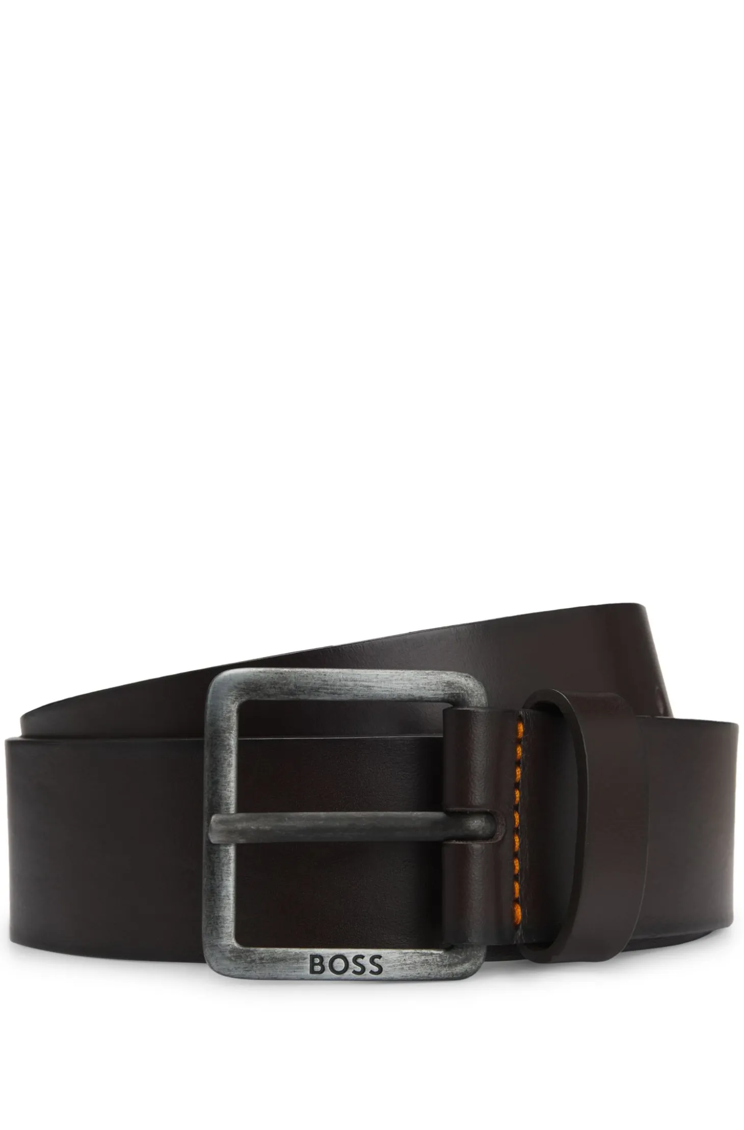 Leather belt with logo buckle