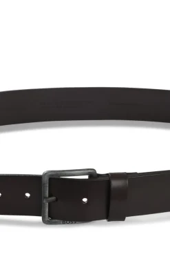 Leather belt with logo buckle