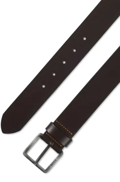 Leather belt with logo buckle