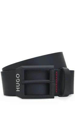 Leather belt with matte-black logo-trim buckle