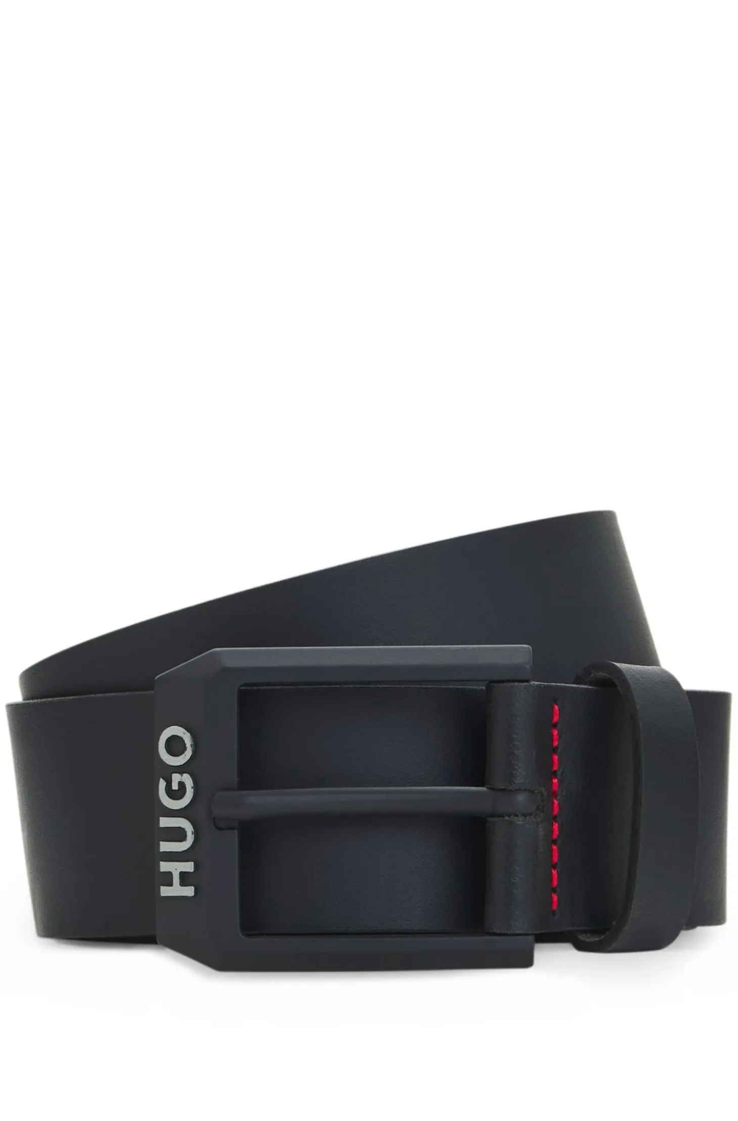 Leather belt with matte-black logo-trim buckle