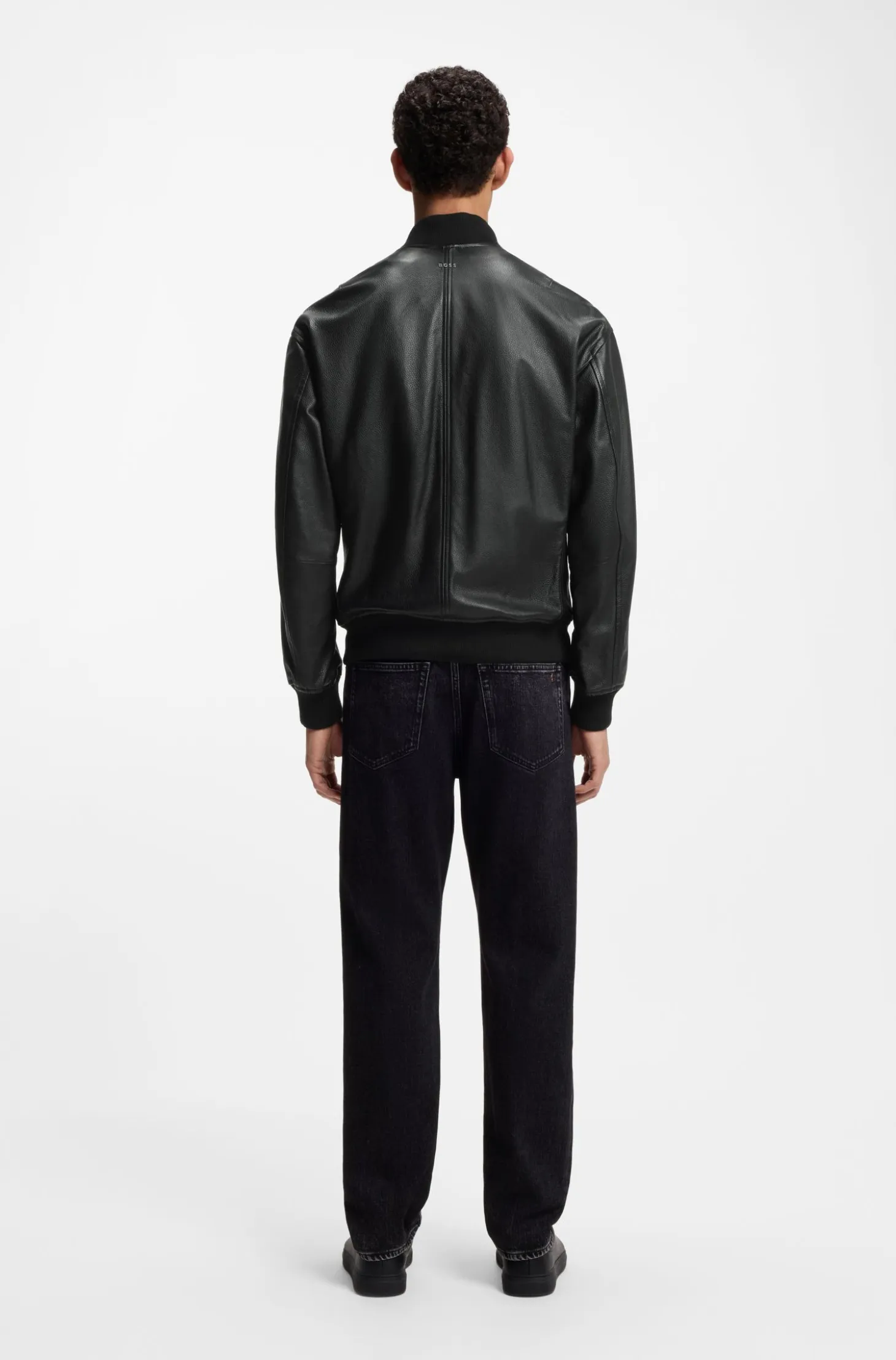 Leather bomber jacket with sleeve pocket