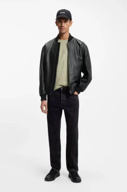 Leather bomber jacket with sleeve pocket