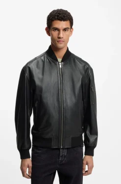 Leather bomber jacket with sleeve pocket