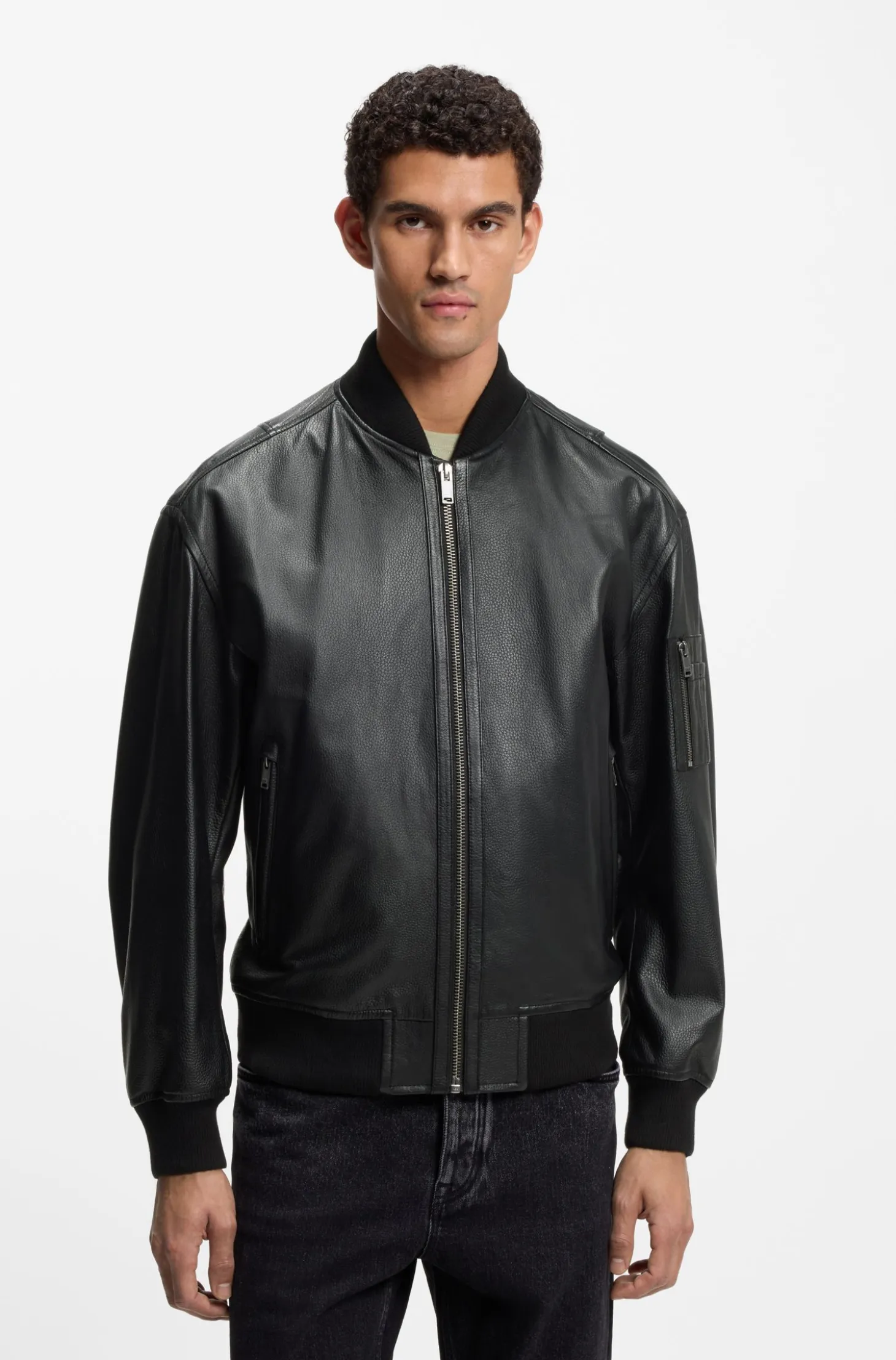 Leather bomber jacket with sleeve pocket
