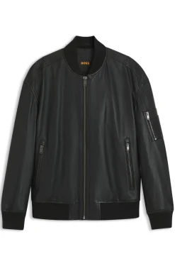 Leather bomber jacket with sleeve pocket