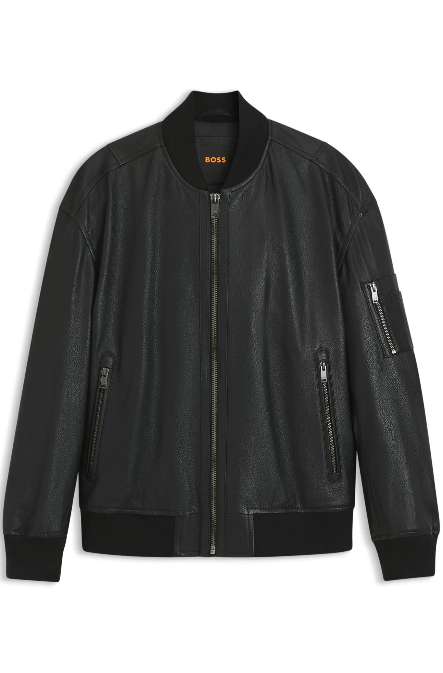 Leather bomber jacket with sleeve pocket