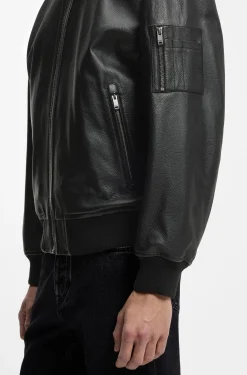 Leather bomber jacket with sleeve pocket