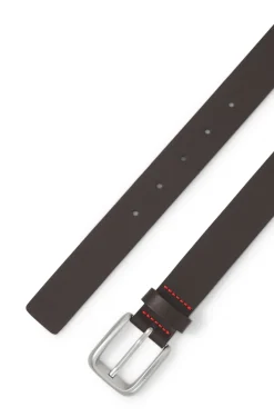 Leather business belt with logo-engraved buckle