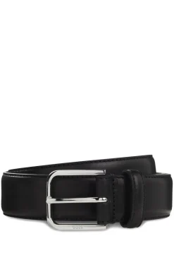 Leather business belt with polished silver buckle