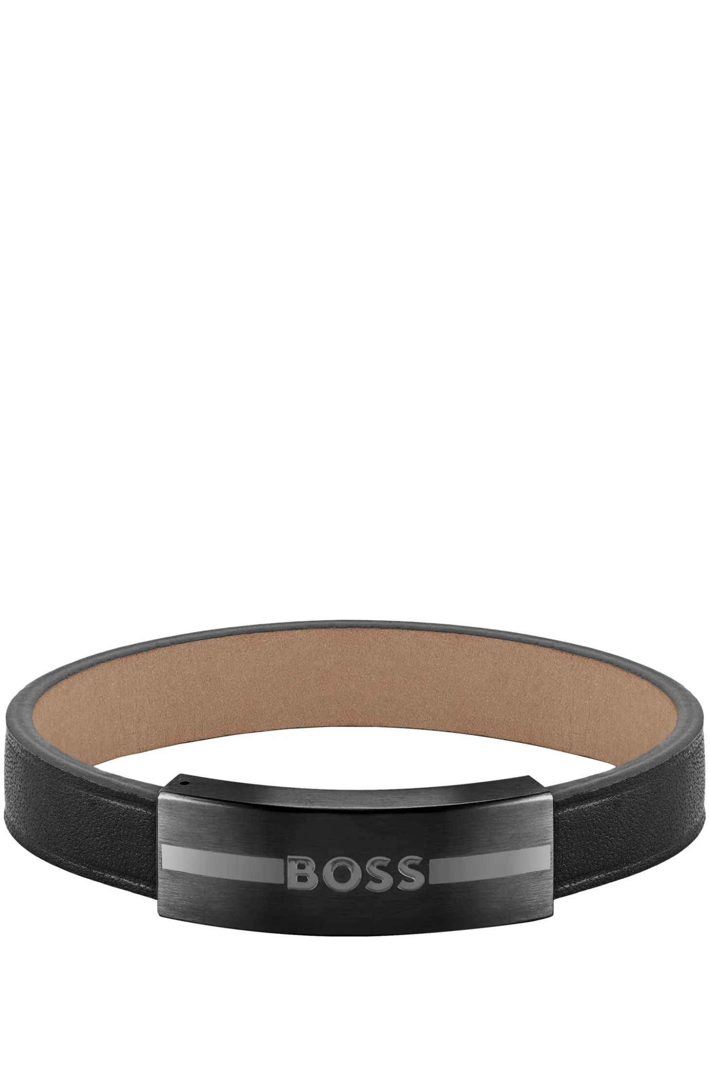 Leather cuff with enamel-filled logo plate