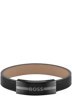 Leather cuff with metal enamel-filled-logo plate