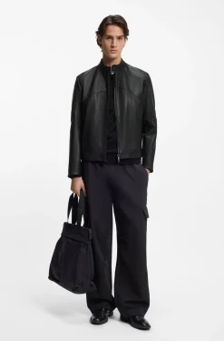 Leather jacket with piped details