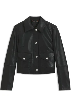 Leather jacket with polished logo buttons