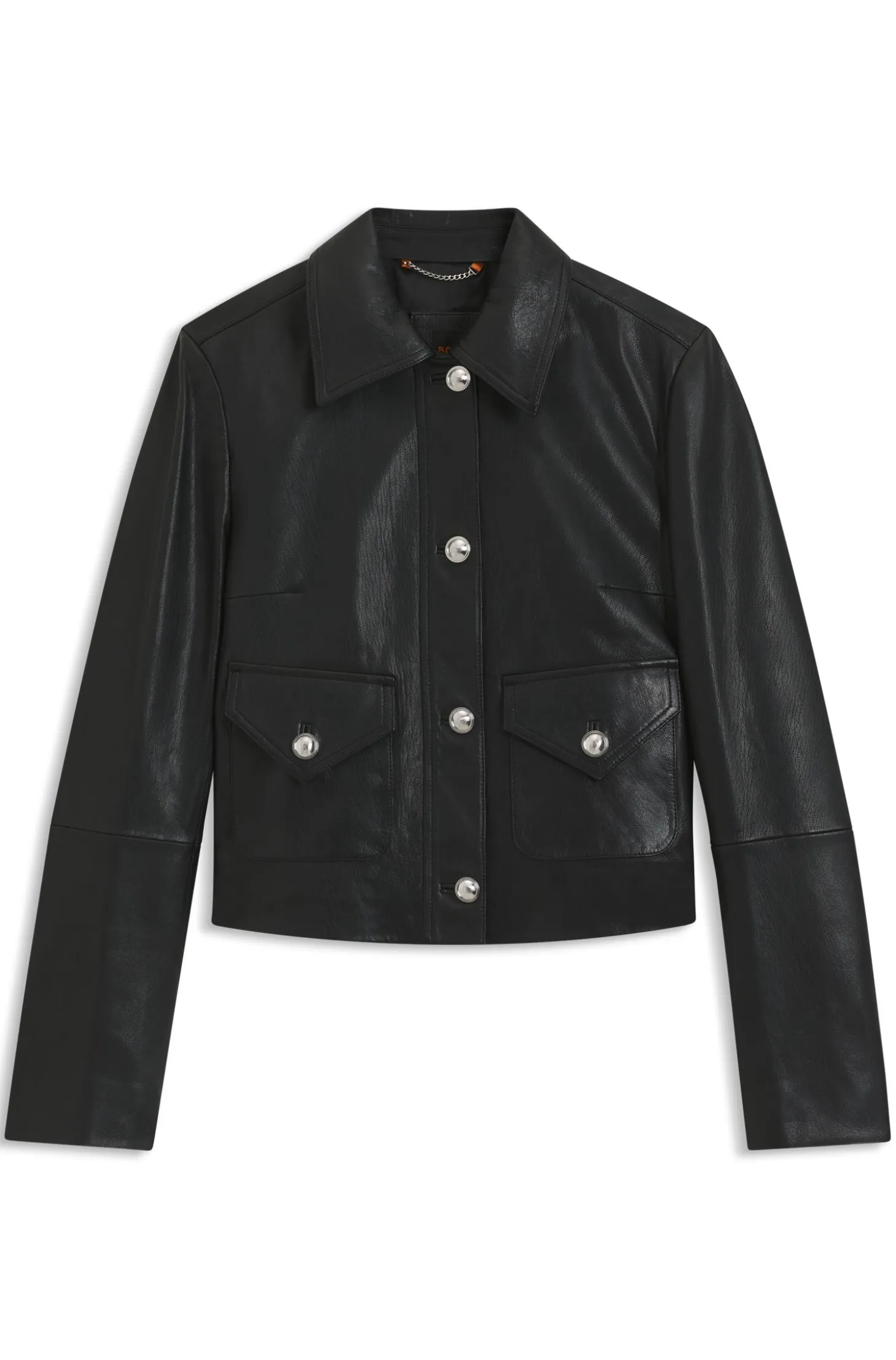 Leather jacket with polished logo buttons
