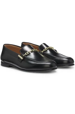 Leather loafers with chain trim and logo detail