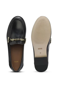 Leather loafers with chain trim and logo detail