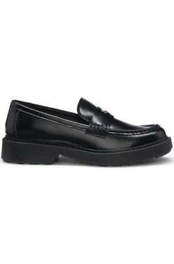 Leather loafers with penny trim and stacked logo