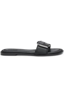 Leather slides with logo buckle