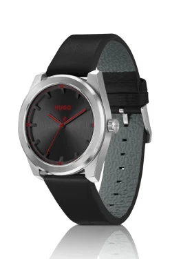 Leather-strap watch with brushed black dial