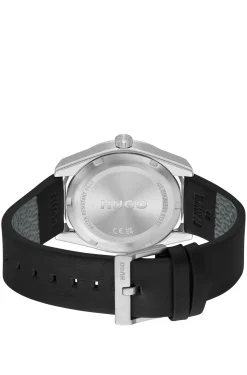 Leather-strap watch with brushed black dial