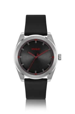 Leather-strap watch with brushed black dial