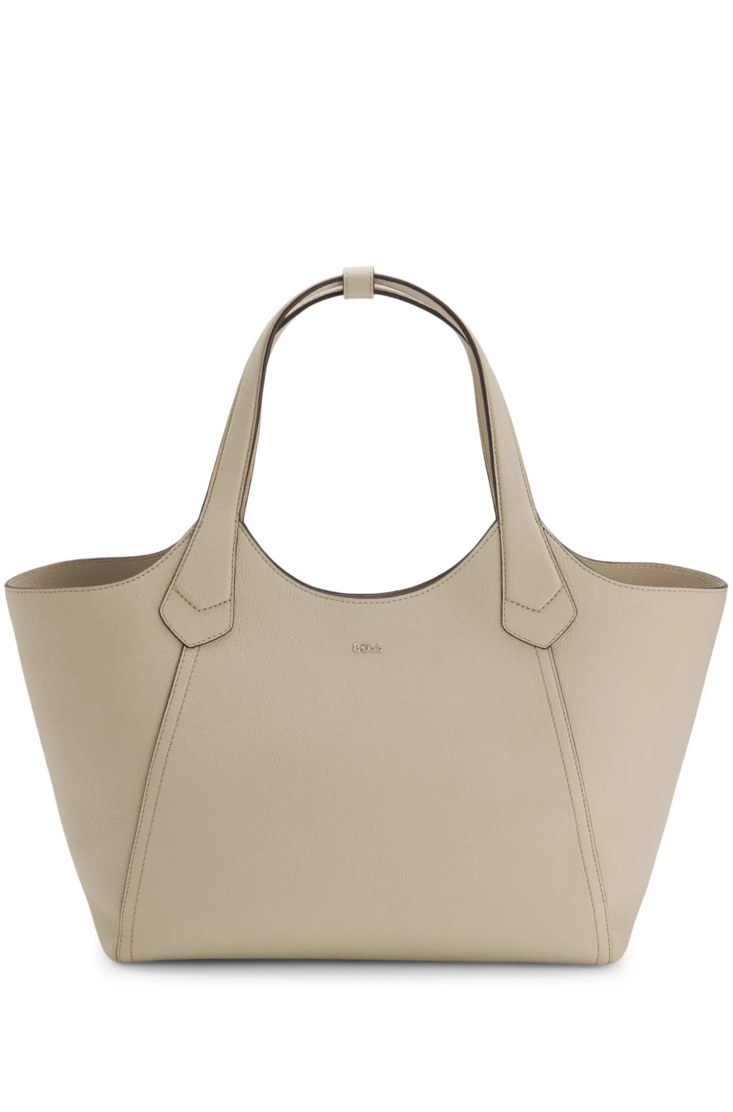 Leather tote bag with metallic logo lettering