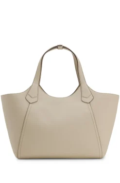 Leather tote bag with metallic logo lettering
