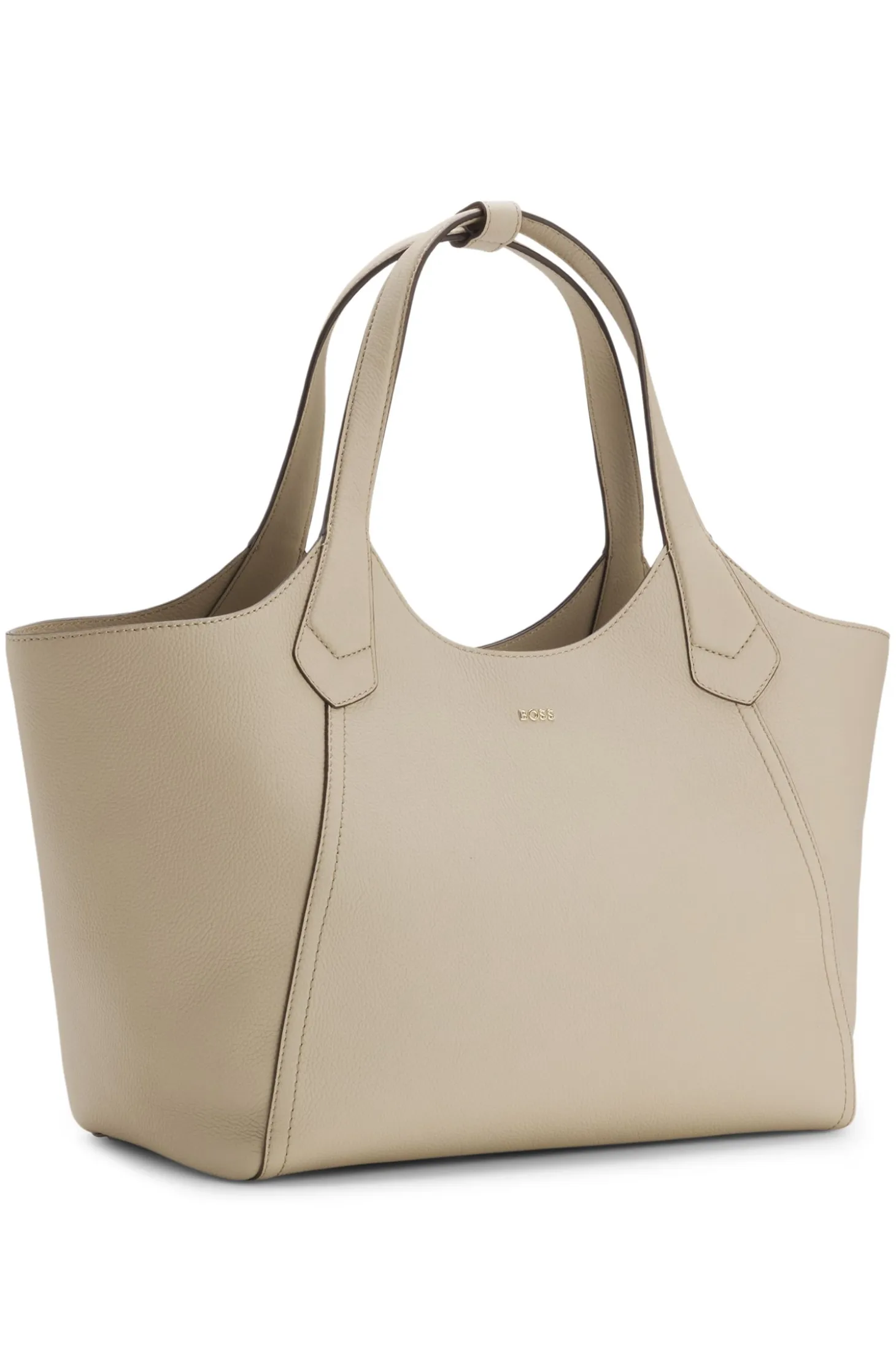 Leather tote bag with metallic logo lettering