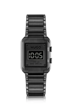 Link-bracelet digital watch with black dial