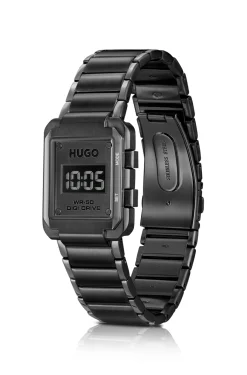 Link-bracelet digital watch with black dial