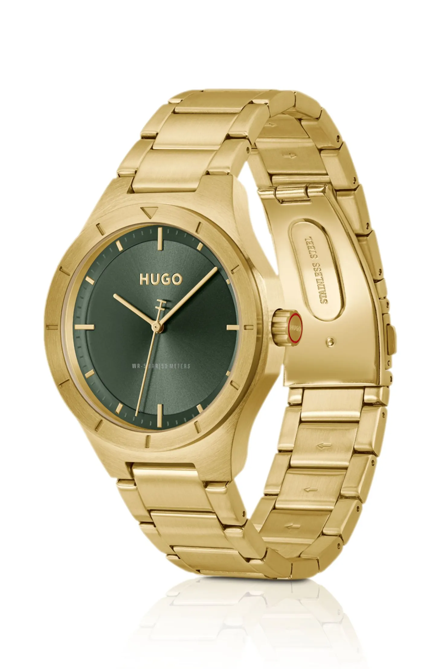 Lit gold-tone watch with green dial