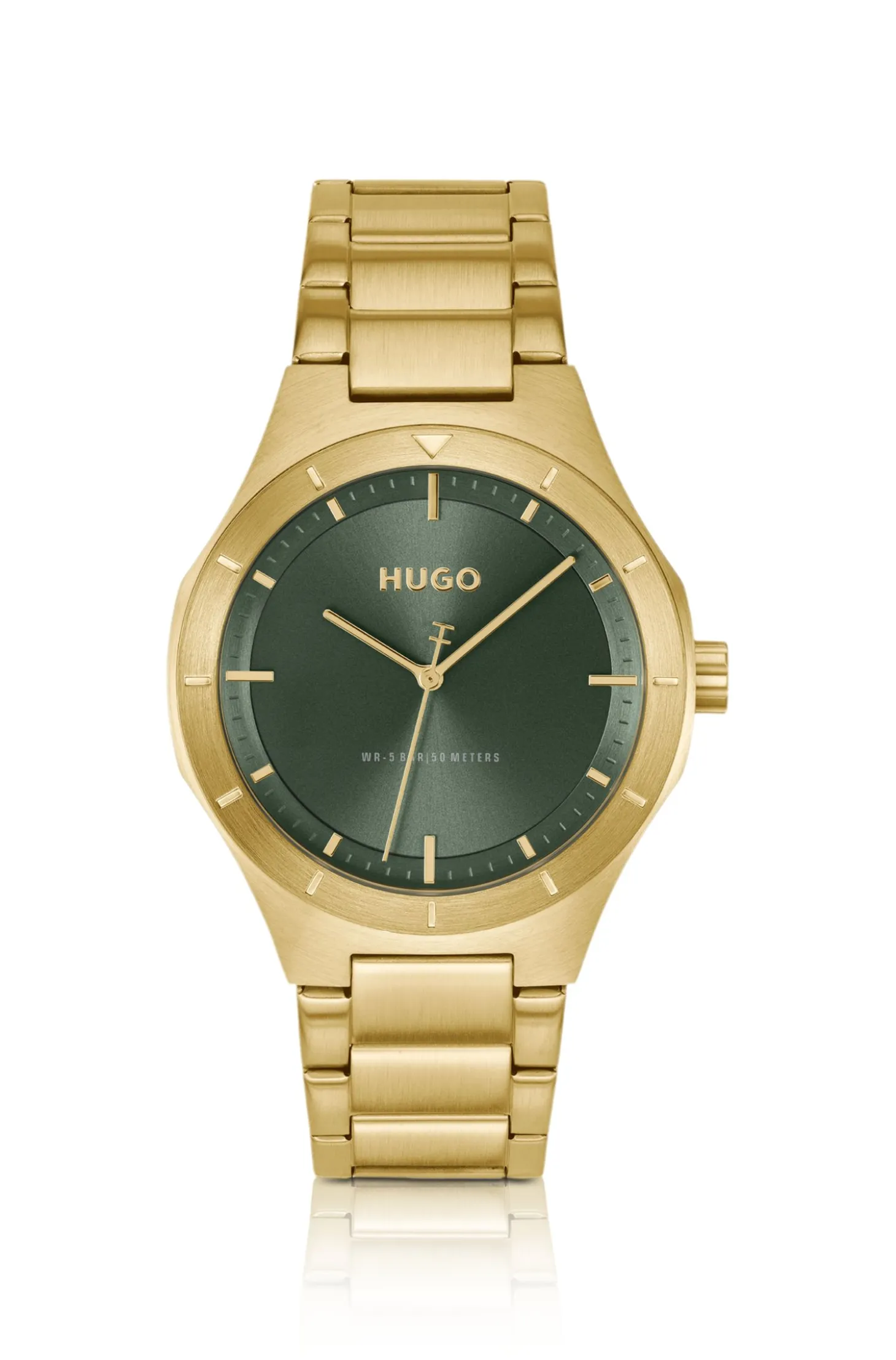 Lit gold-tone watch with green dial