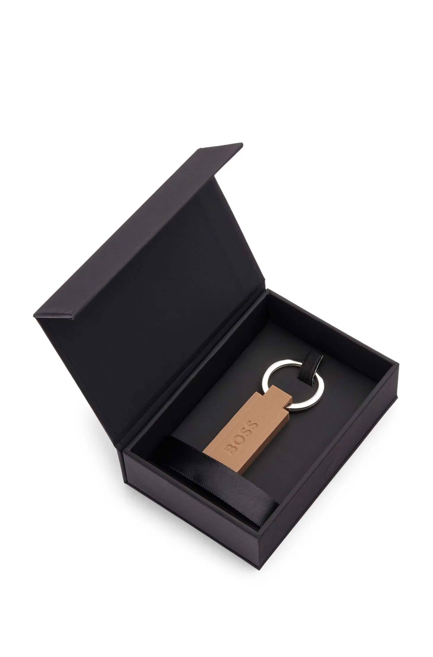 Logo key ring in camel-toned silicone and brass