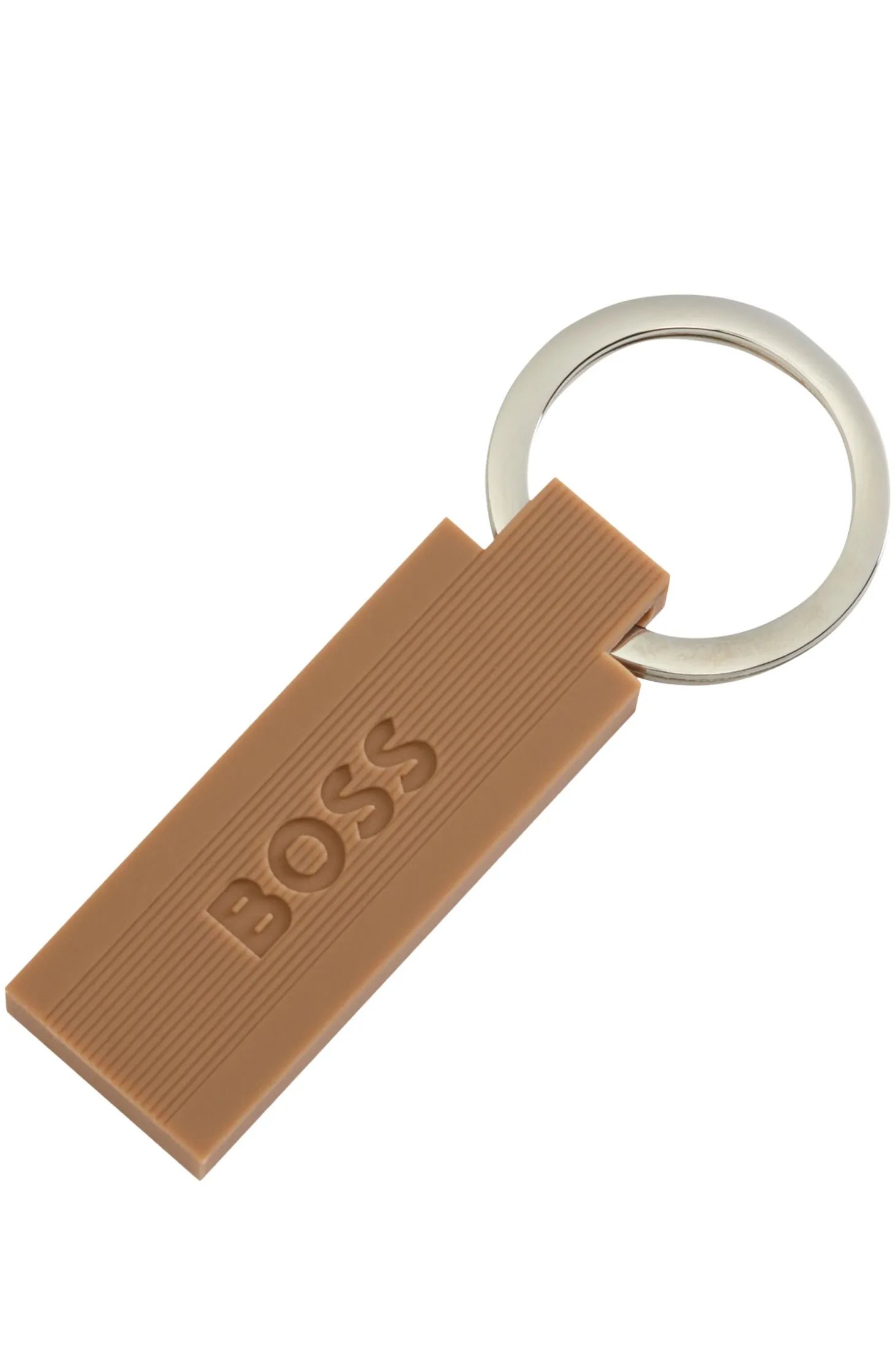 Logo key ring in camel-toned silicone and brass