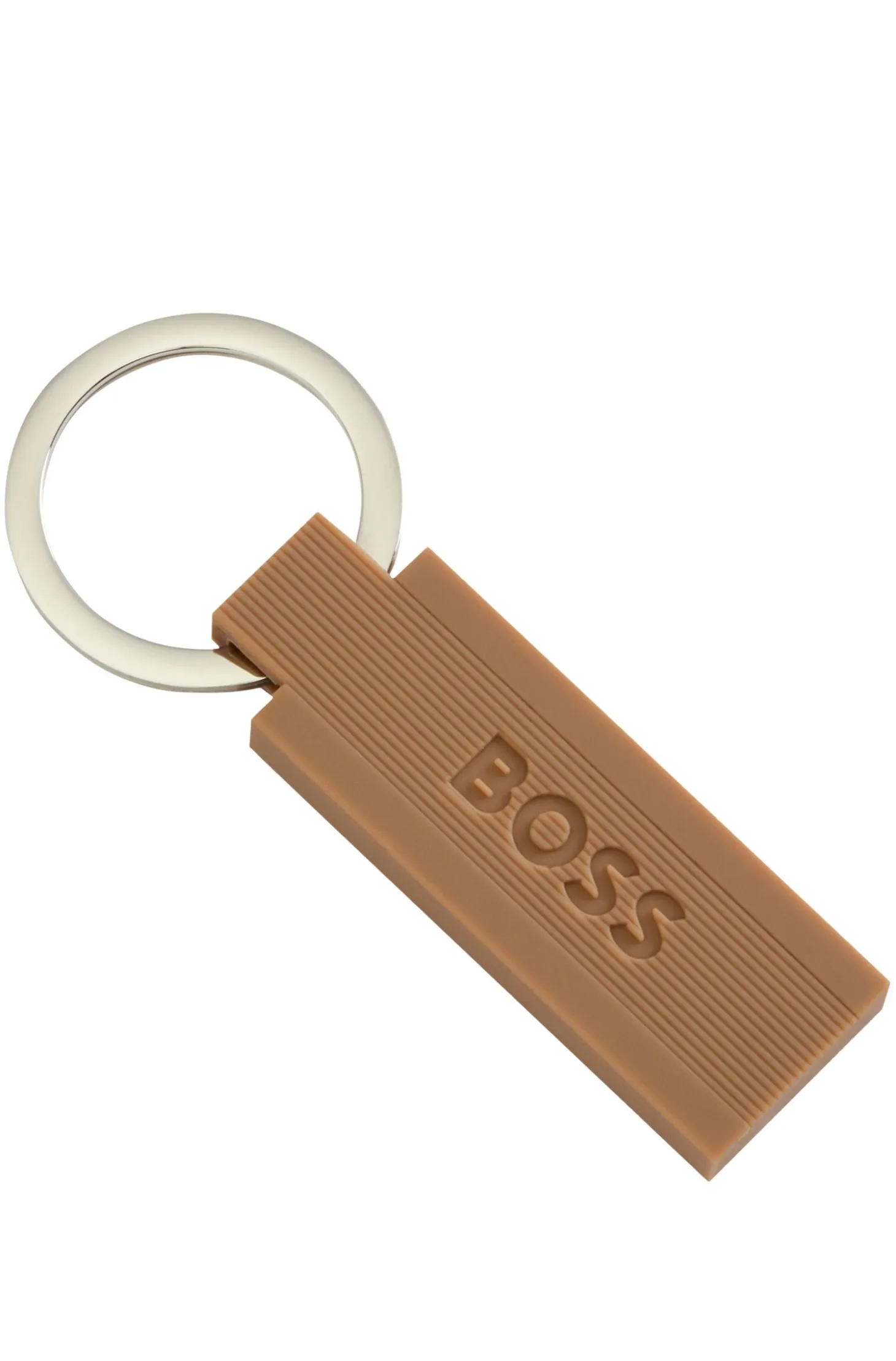 Logo key ring in camel-toned silicone and brass