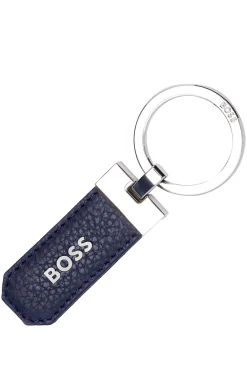Logo key ring in navy grained leather and brass