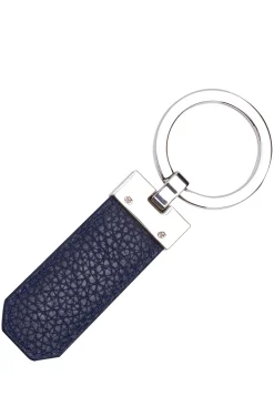 Logo key ring in navy grained leather and brass