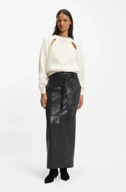 Long-length faux-leather pencil skirt with tie belt