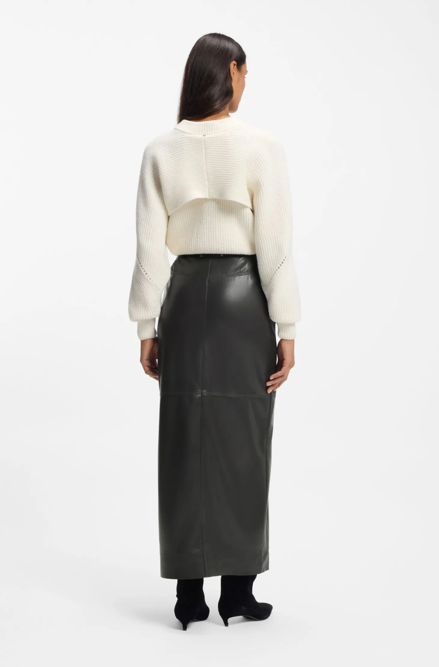 Long-length faux-leather pencil skirt with tie belt