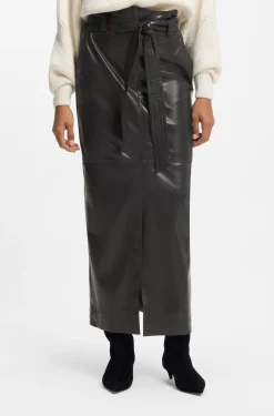 Long-length faux-leather pencil skirt with tie belt