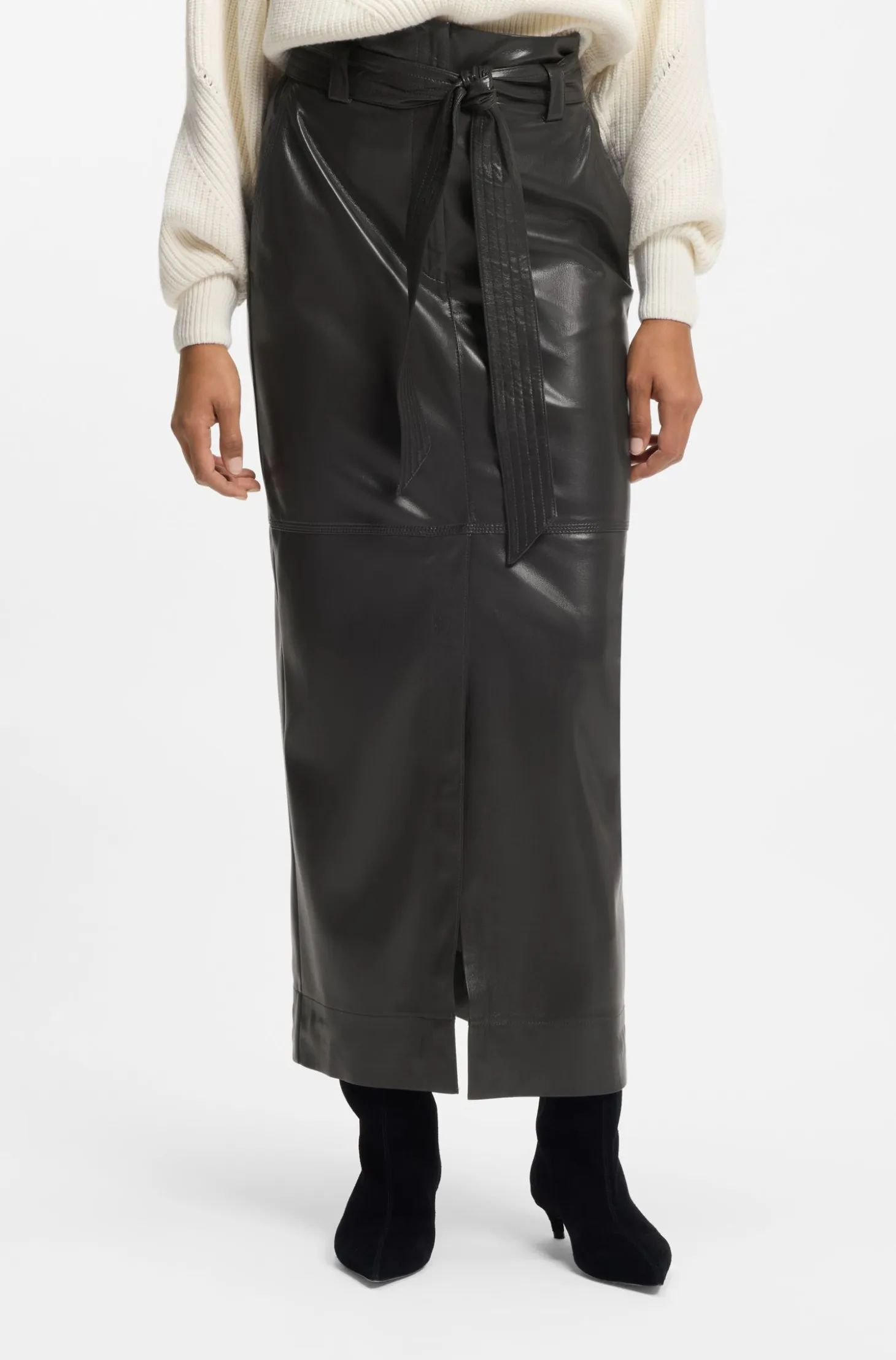 Long-length faux-leather pencil skirt with tie belt