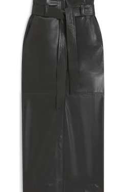 Long-length faux-leather pencil skirt with tie belt