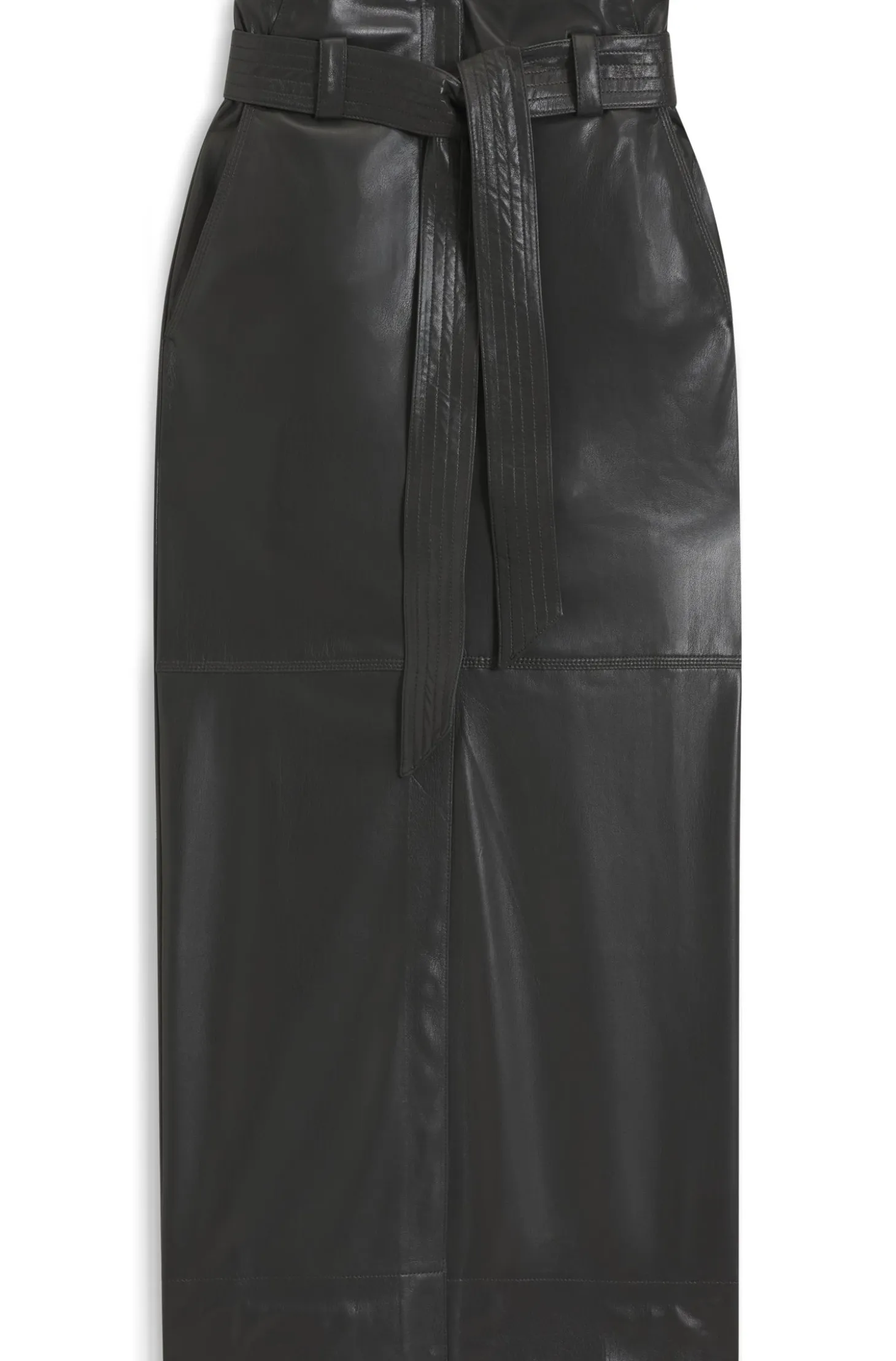 Long-length faux-leather pencil skirt with tie belt
