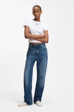 Long-length straight-fit jeans in blue stretch denim