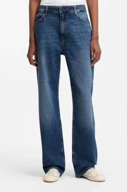 Long-length straight-fit jeans in blue stretch denim