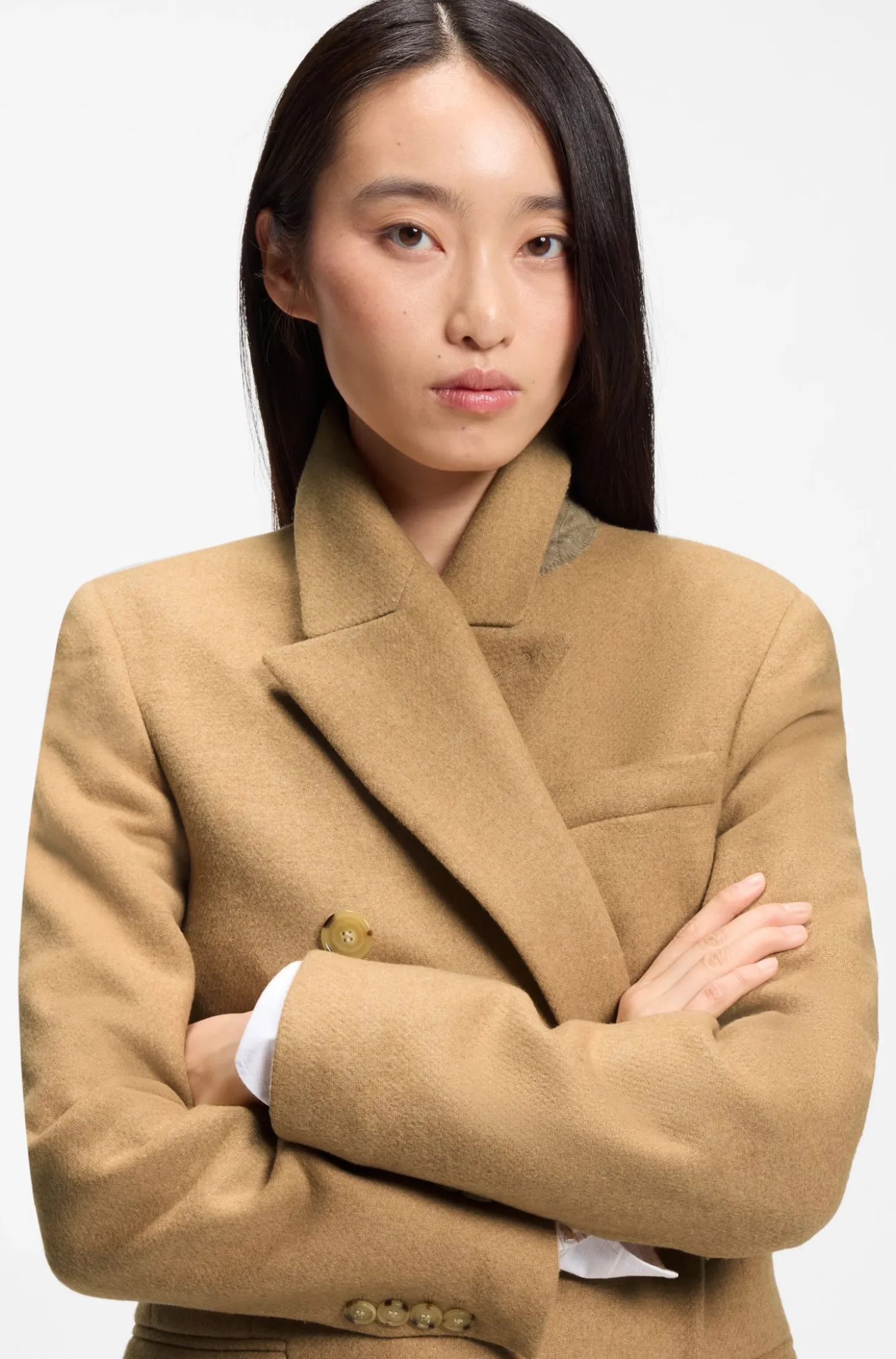 Long-length twill coat with double-breasted closure