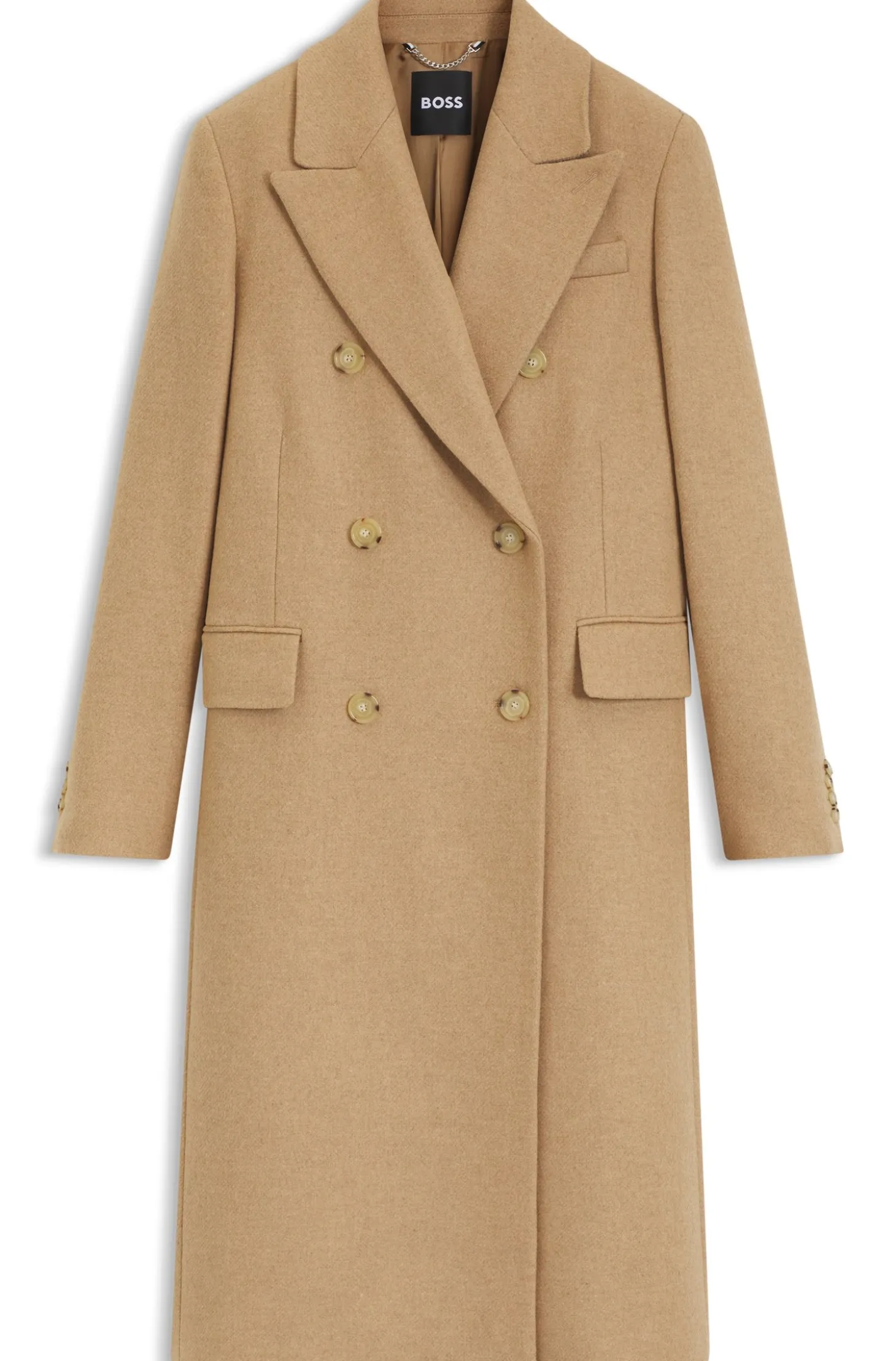 Long-length twill coat with double-breasted closure